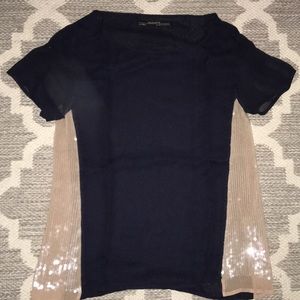 All Saints navy and sequined beige sheer t-shirt.